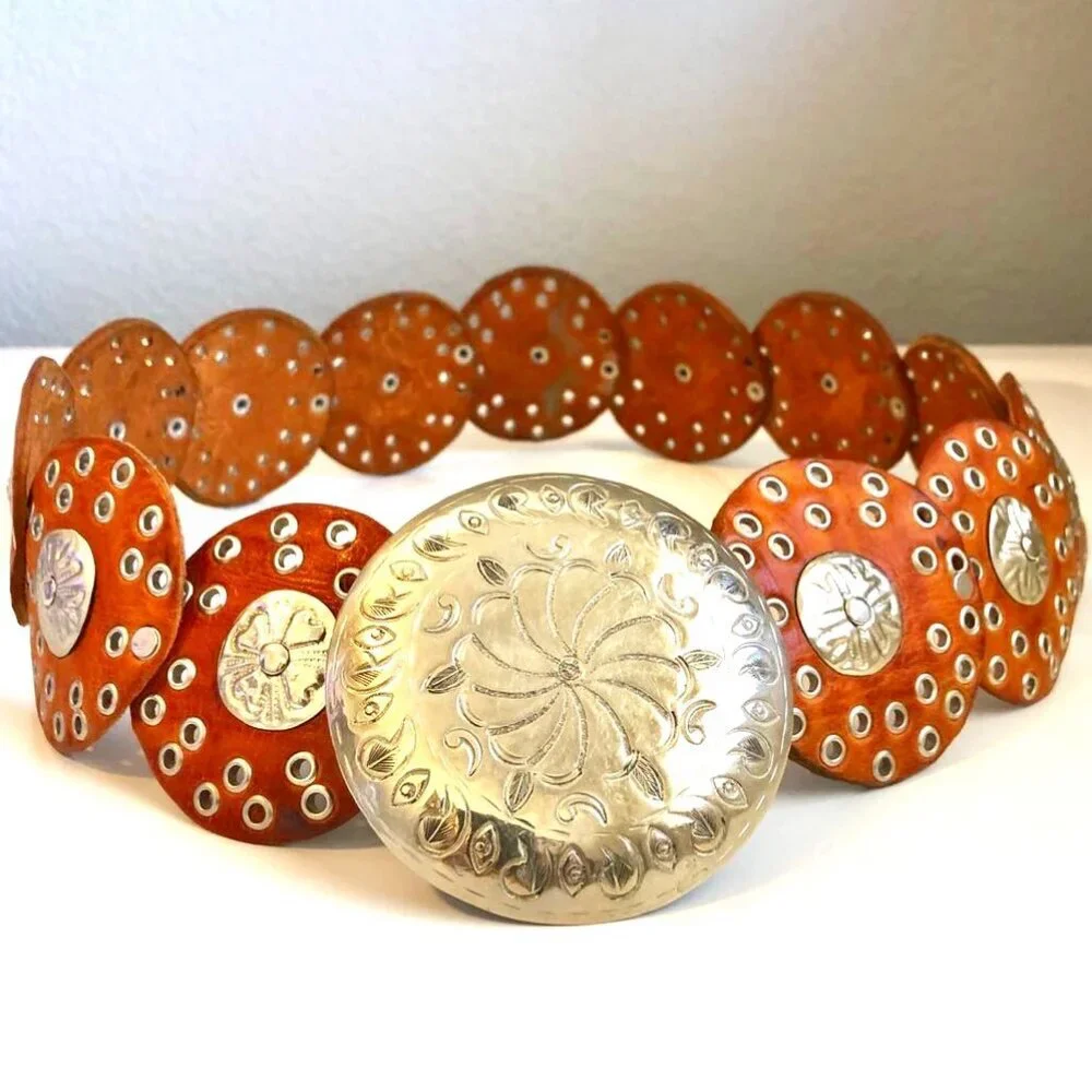 New Handcrafted Y2K Boho Western Concho Belt Tan Leather Silver Medallions OS